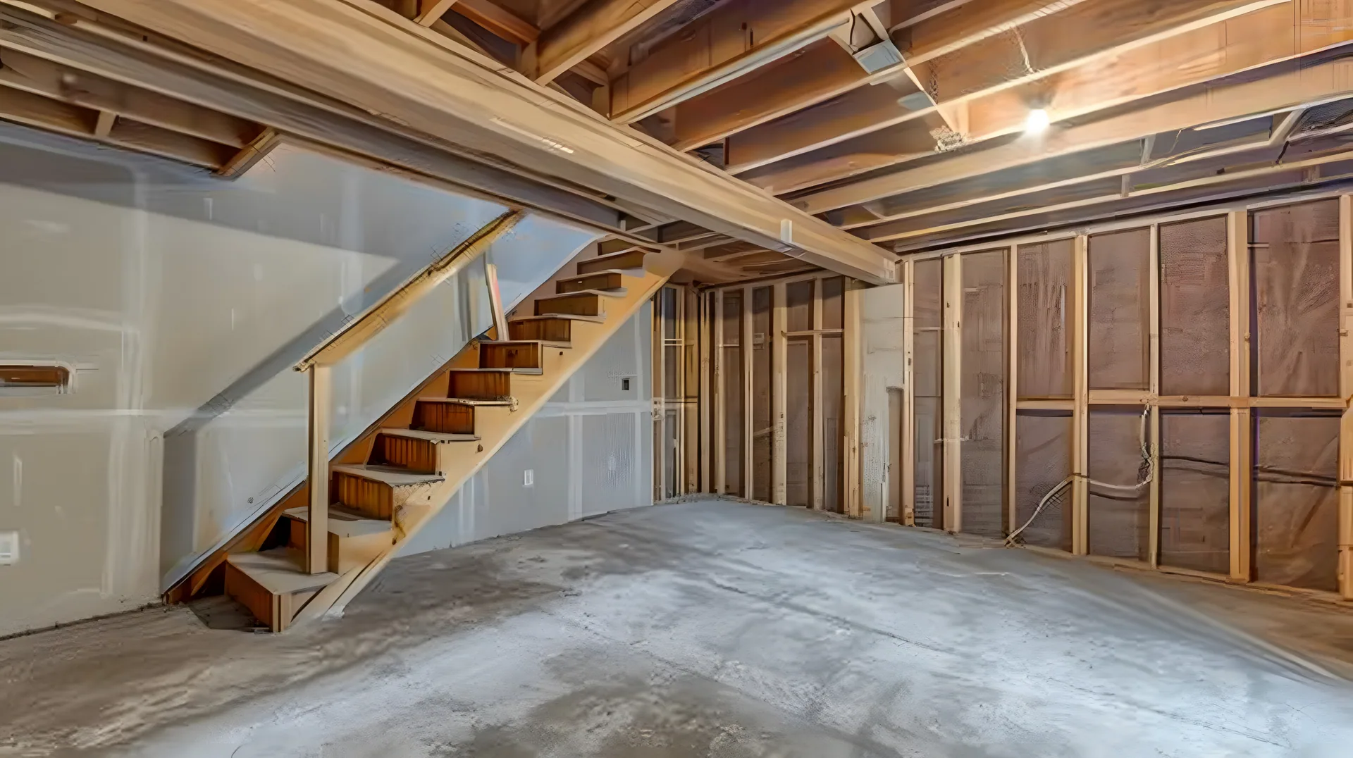 Unfinished basement with wood stud framing, exposed ceiling joists, wooden staircase, and partial drywall on concrete floor.
