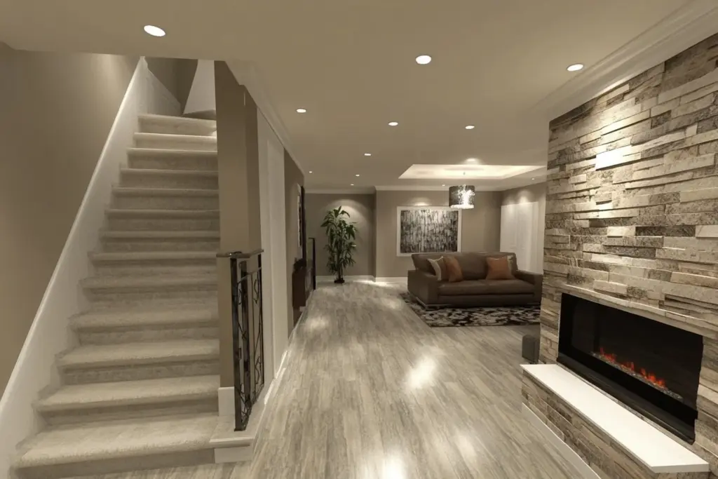 Finished basement with carpeted staircase, stacked stone fireplace wall, electric fireplace, and living area seating.