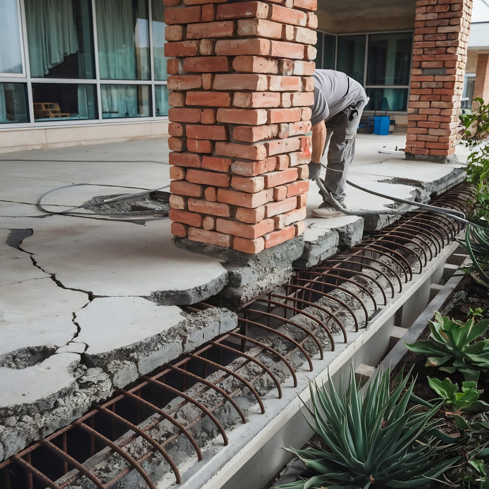 Worker bends over a cracked concrete walkway with exposed rebar mesh beside brick columns at a commercial building.