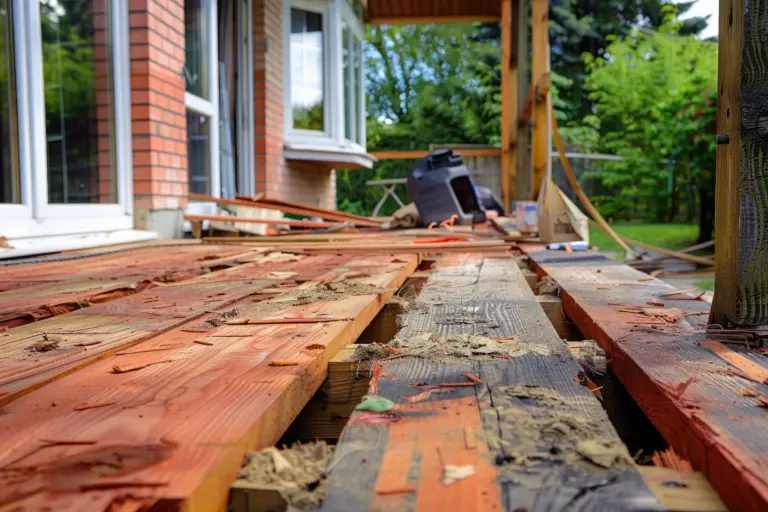 Close-up of old wooden deck boards partially removed on a porch, exposing joists, with a brick house in the background.