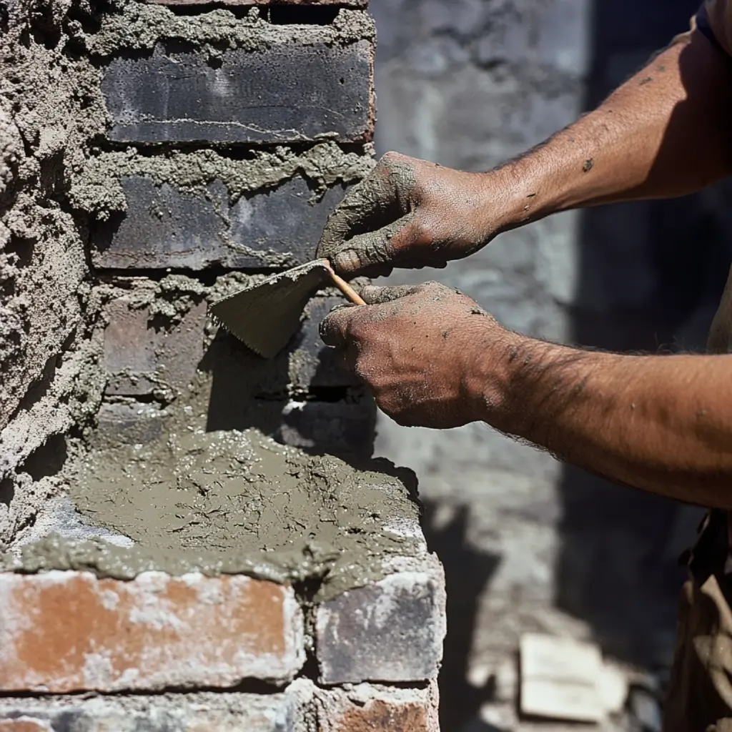 Close-up of a mason's hands using a trowel to spread wet mortar on a brick corner during repair work.