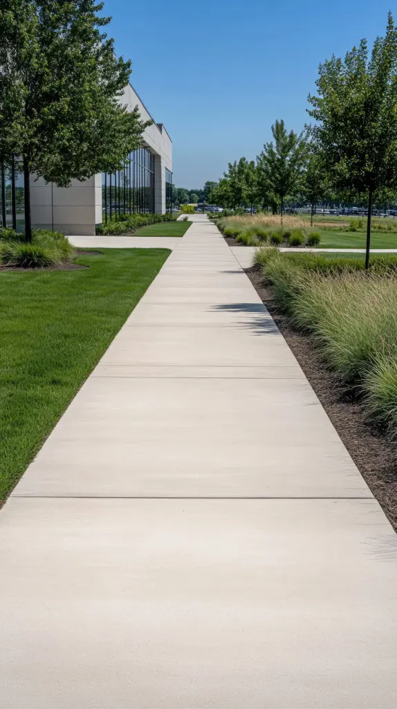 Long poured concrete sidewalk beside a modern office building, bordered by lawn, ornamental grasses, and young trees.