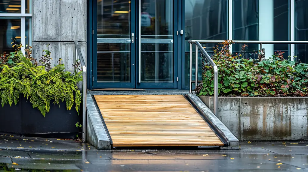 Wood plank accessibility ramp with metal edging and stainless steel handrail at a glass commercial building entrance.