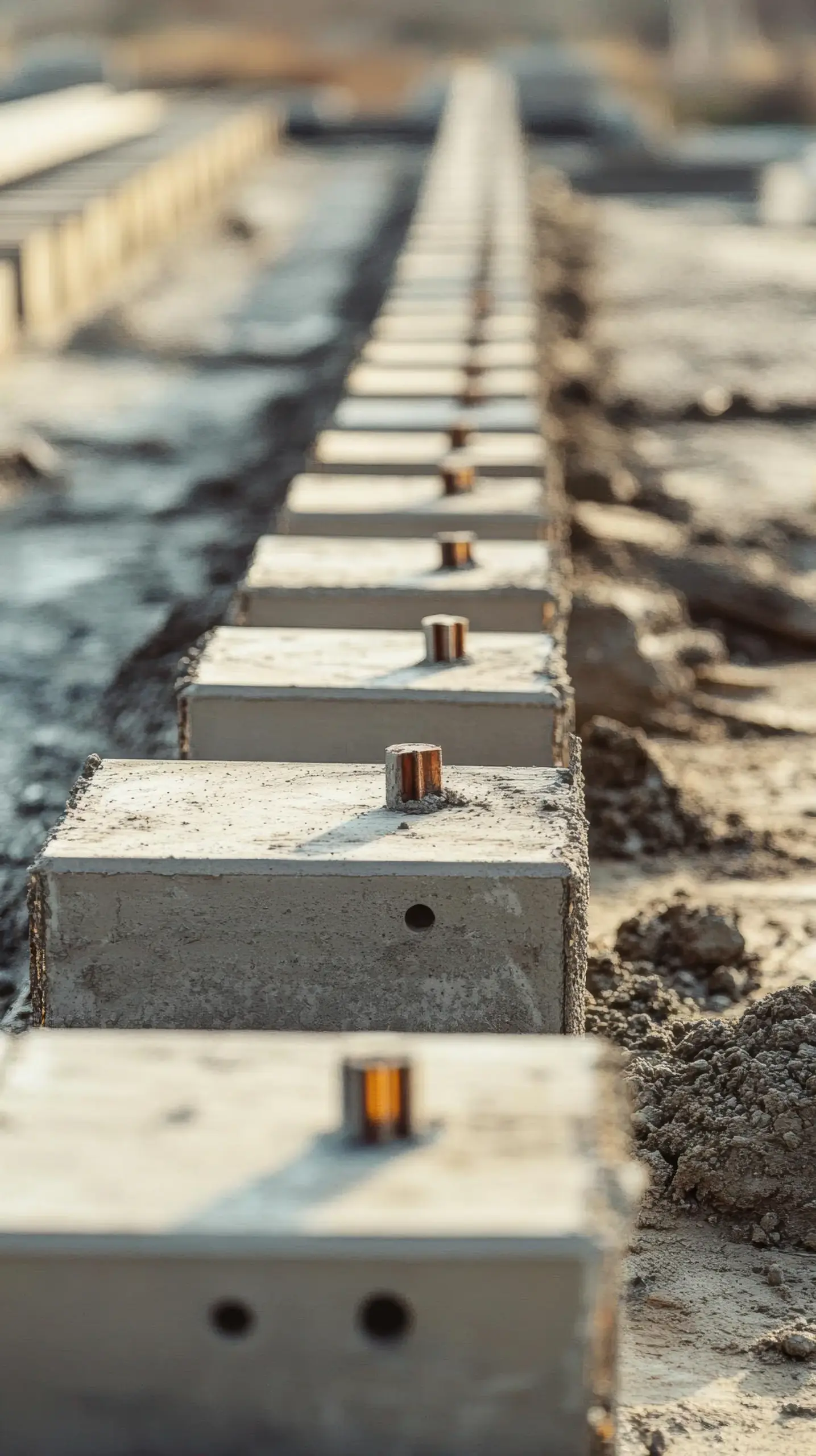 Row of precast concrete footing blocks with metal anchor pins on a dirt construction site.