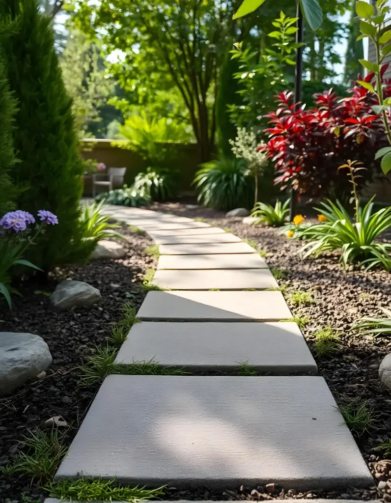 Curving concrete paver walkway through a landscaped garden with shrubs, flowers, and mulch beds