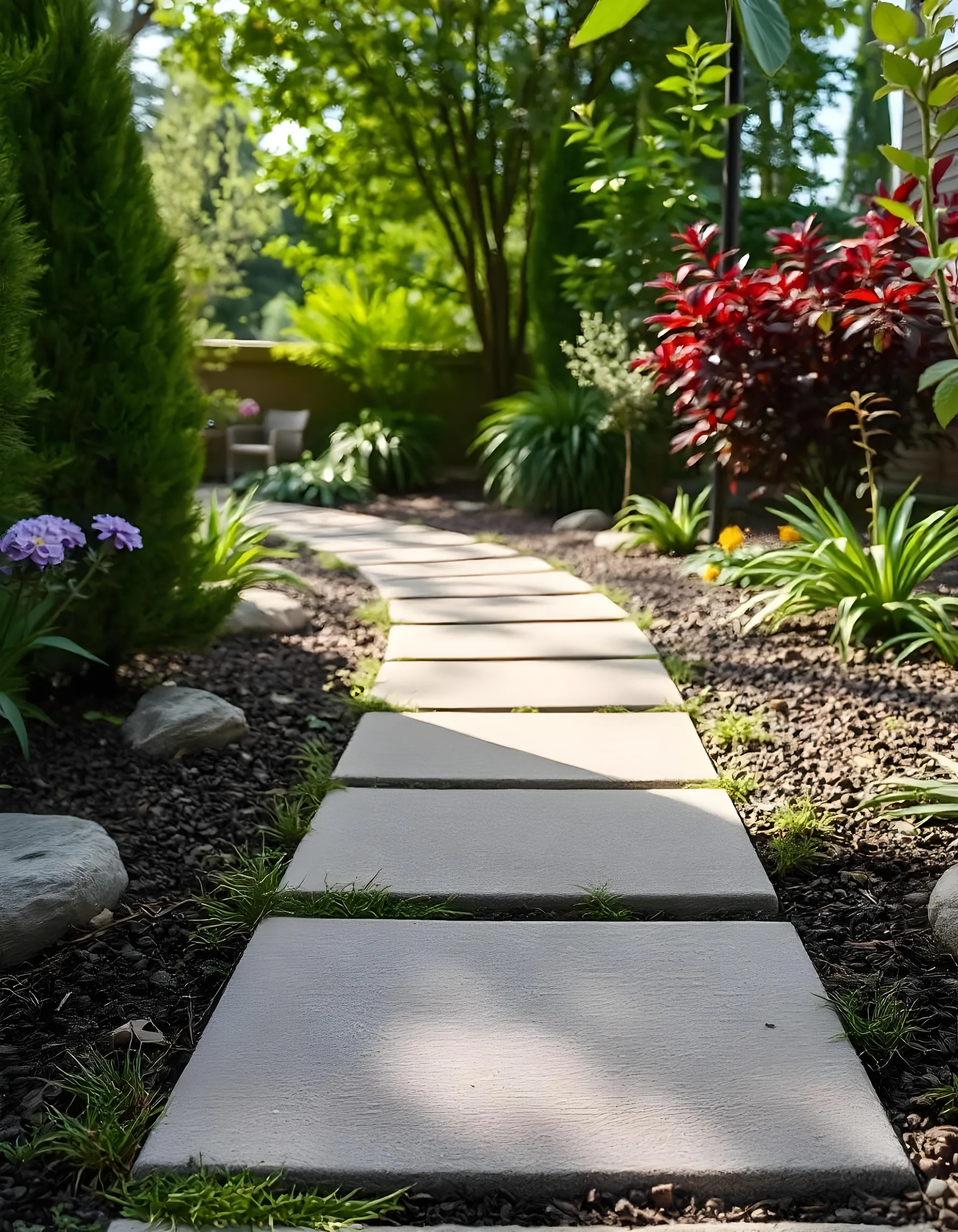 Curving concrete paver walkway through a landscaped garden with shrubs, flowers, and mulch beds