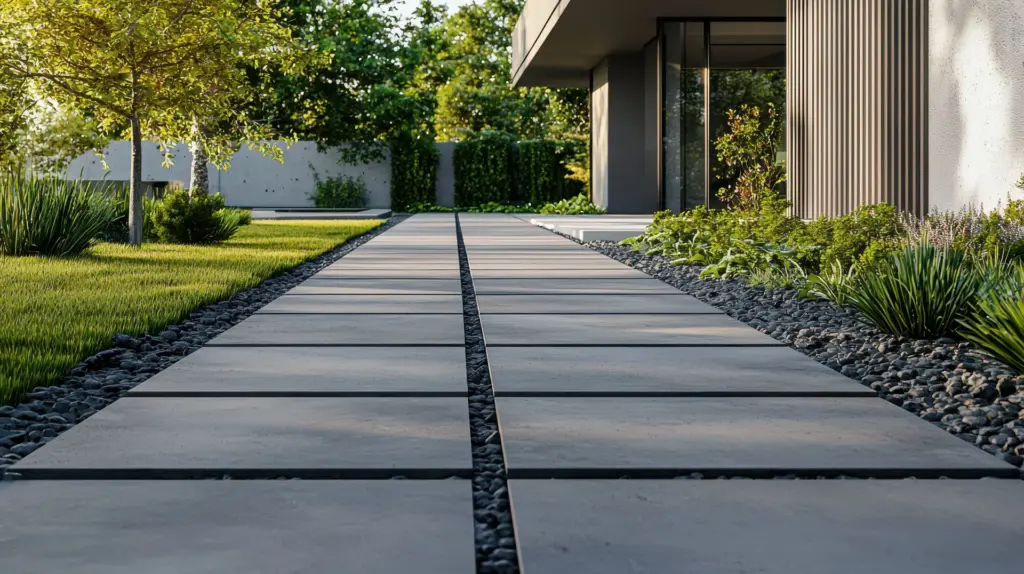 Large gray concrete pavers with black gravel joints forming a walkway beside a modern home and landscaped beds