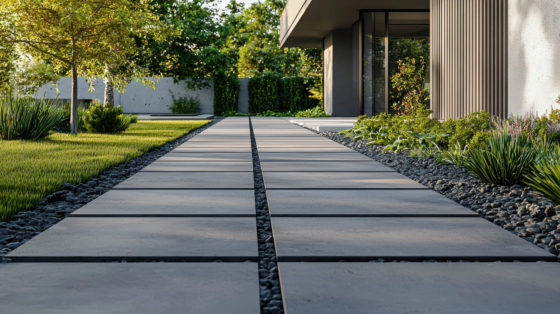 Large gray concrete pavers with black gravel joints forming a walkway beside a modern home and landscaped beds