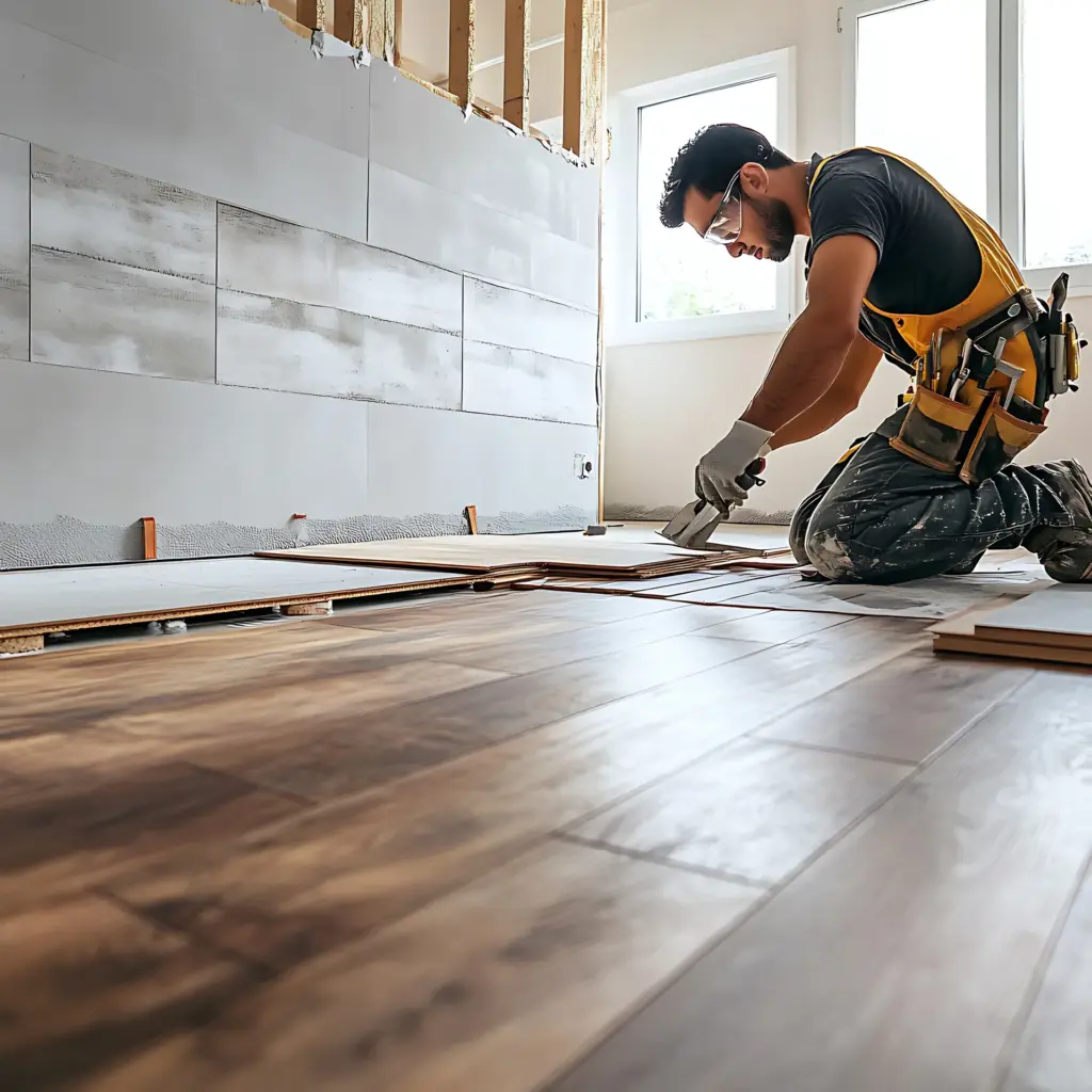 Contractor kneeling with a tool belt and safety glasses while installing wood plank flooring in a home under renovation