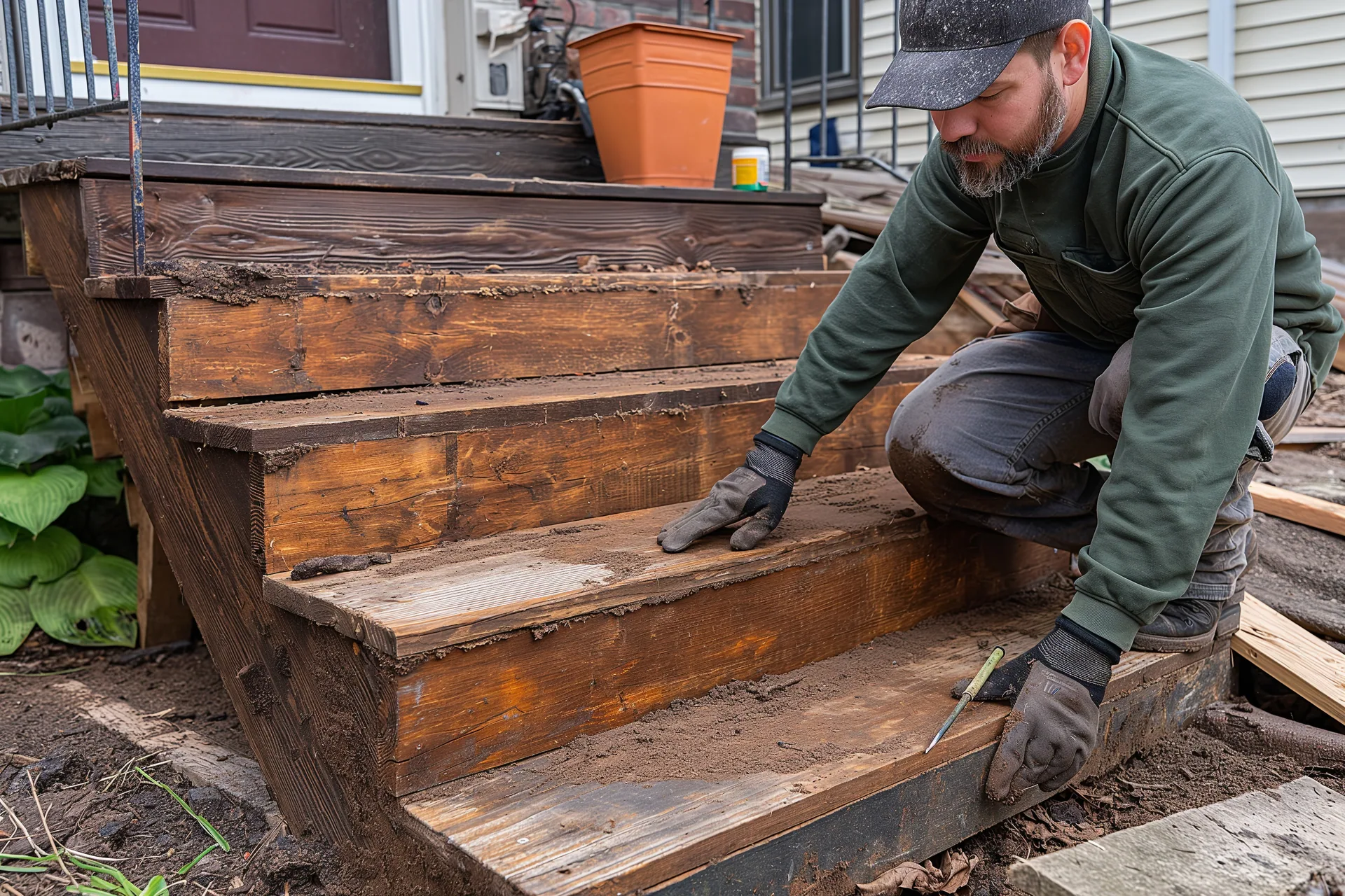 Contractor in gloves and cap kneeling to repair worn wooden porch steps outside a home in Audubon, NJ.