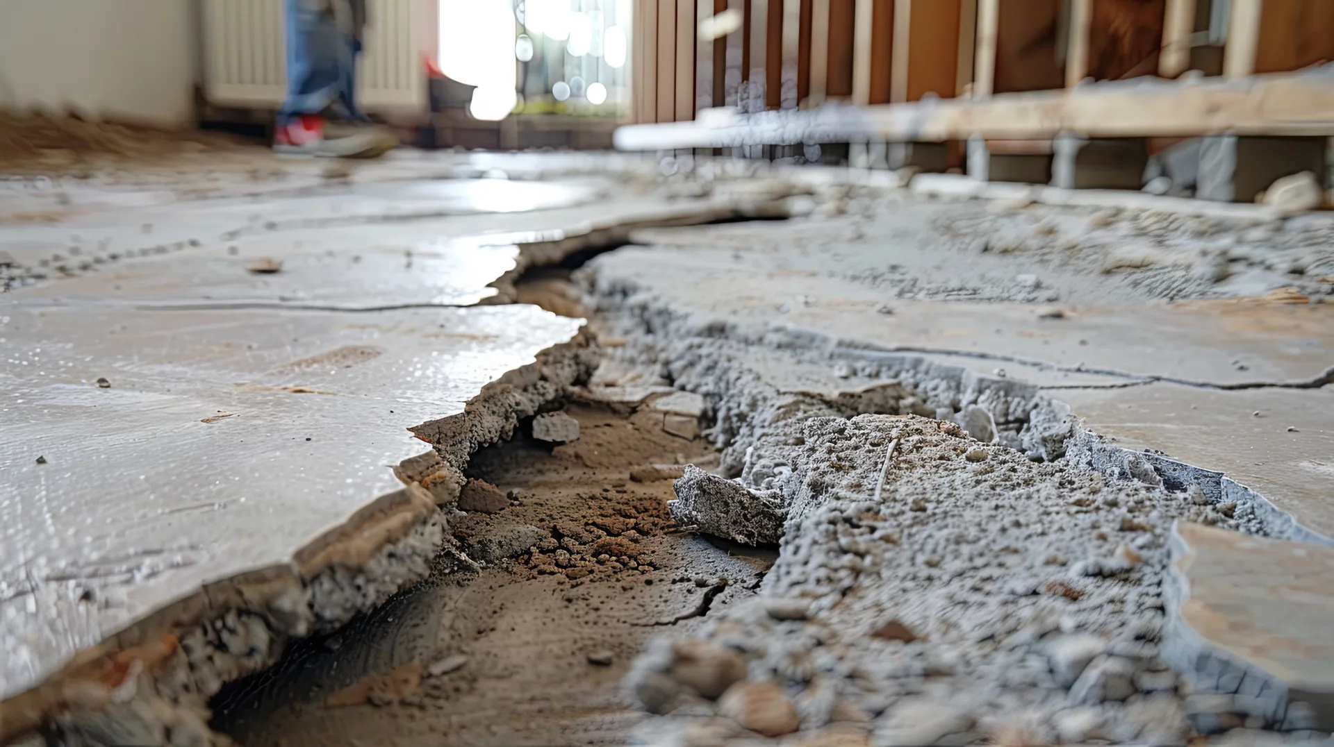 Close-up of a large crack in a concrete slab floor inside a home under renovation, with exposed wall studs in the background.