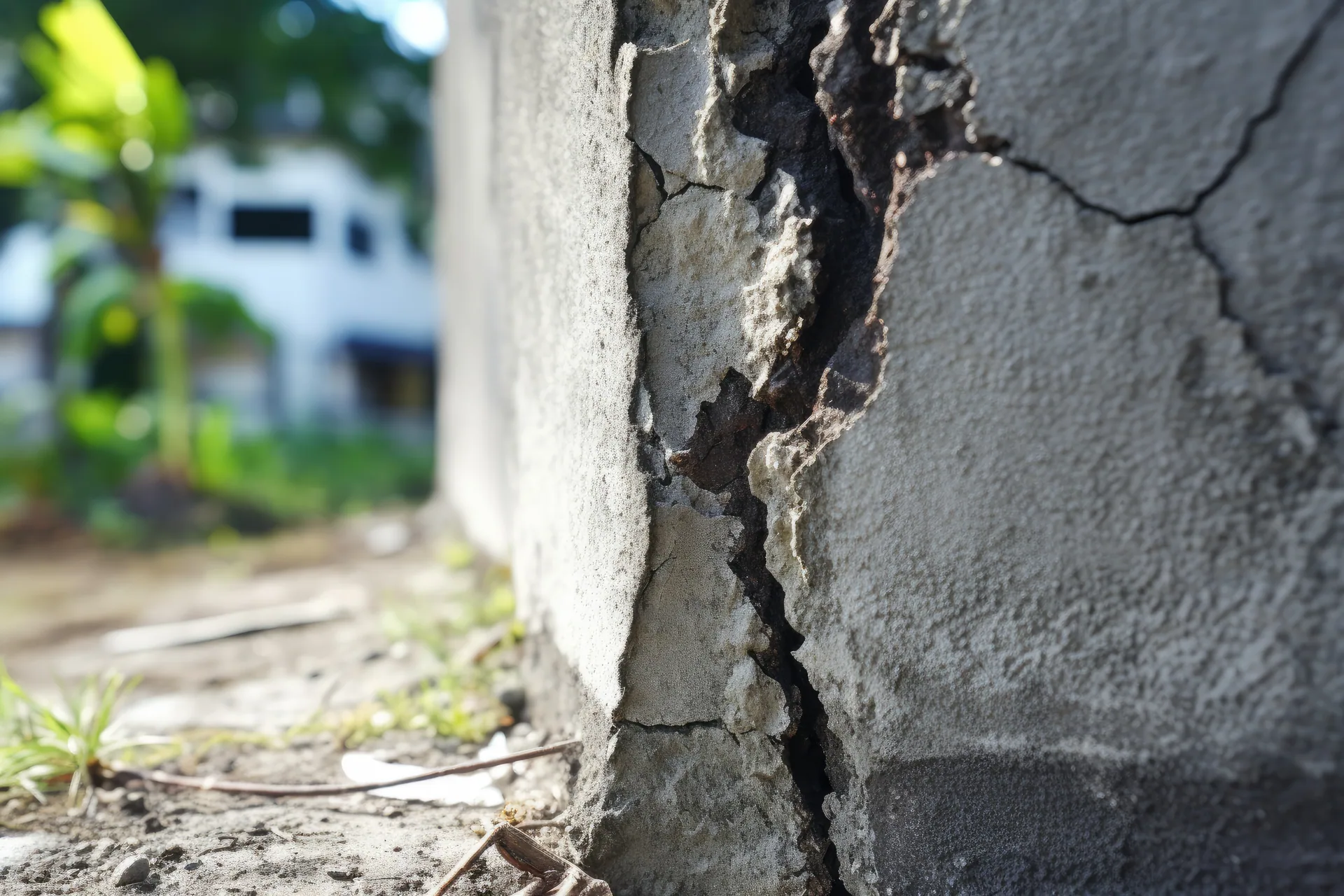 Close-up of a large vertical crack running down an exterior concrete foundation wall beside a house