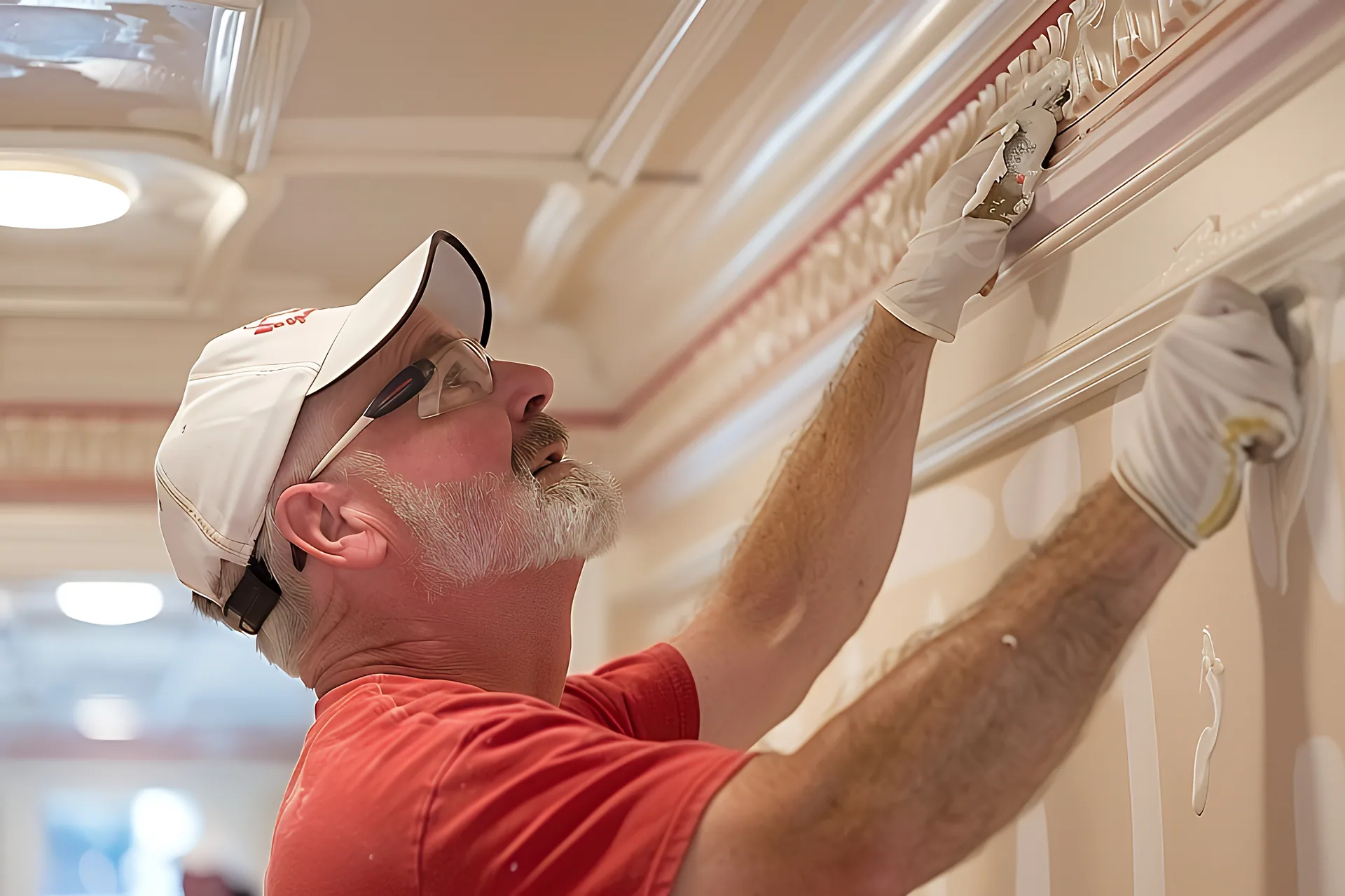 Contractor in gloves and cap installs decorative crown molding along a ceiling during an interior remodel.