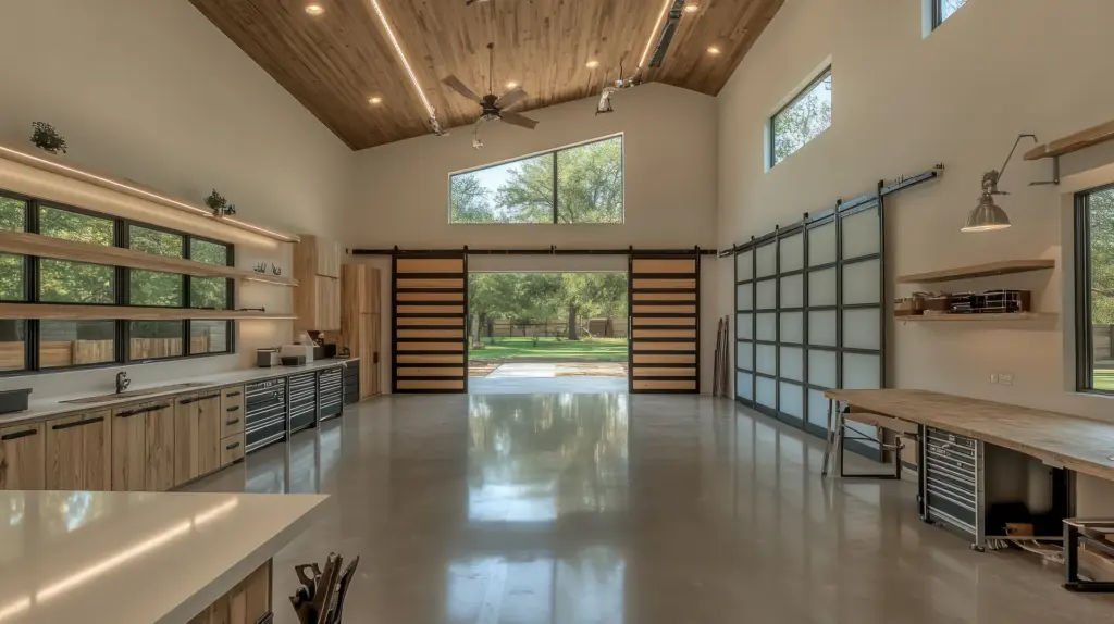 Finished garage workshop interior with vaulted wood plank ceiling, polished concrete floor, sliding barn doors, and built-in