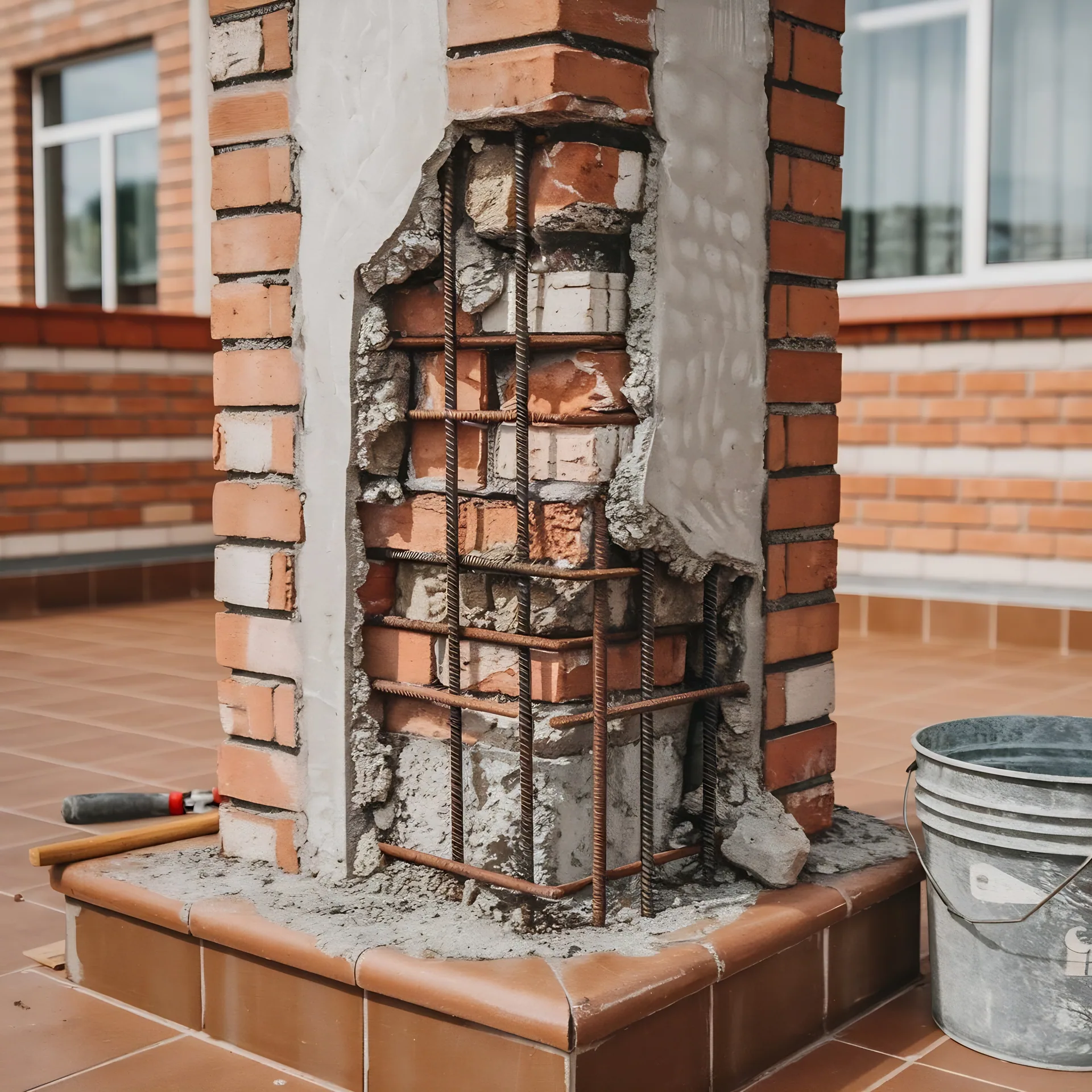 Damaged brick column with exposed rusted rebar and crumbling mortar during masonry repair, bucket and trowel nearby.