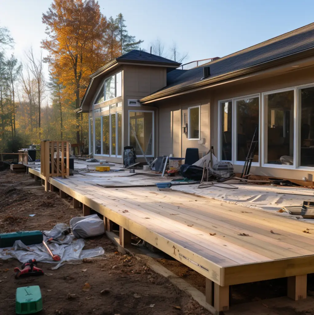 Partially built wood deck attached to a house, with fresh decking boards, exposed joists, and tools on an autumn job site.