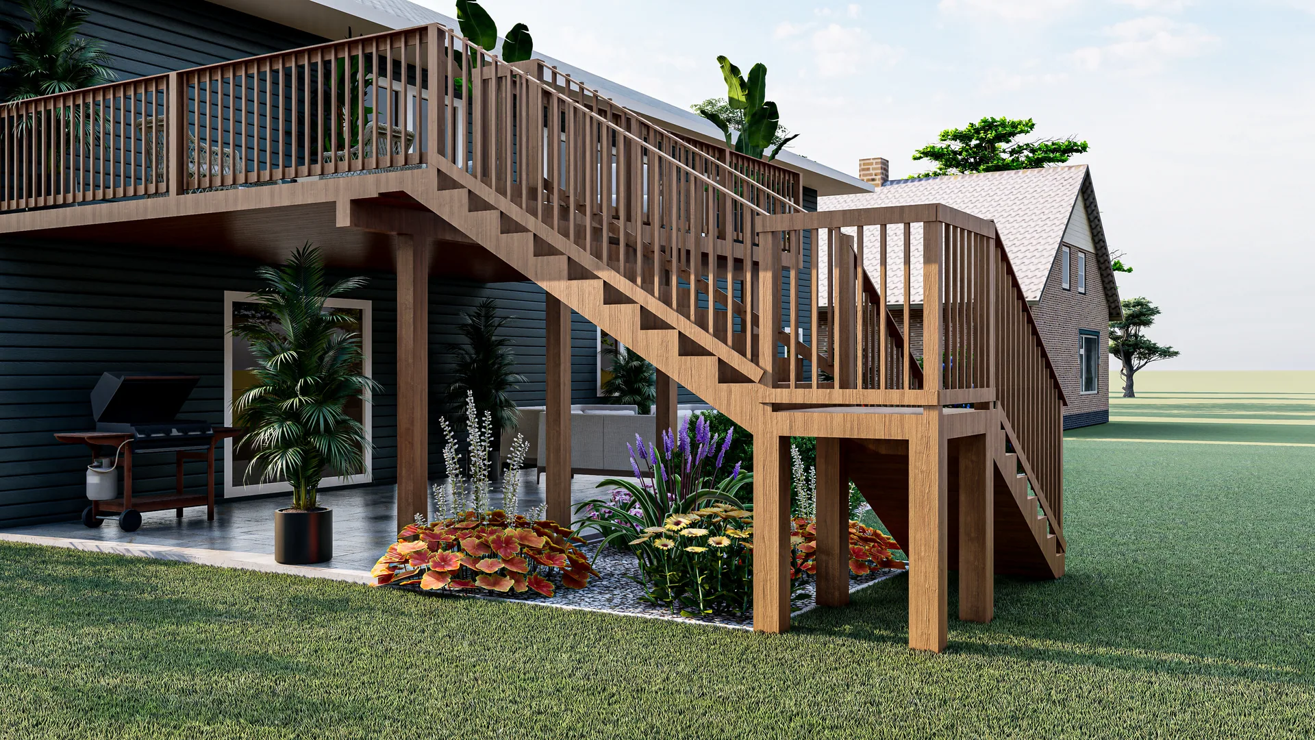 Two-story wooden deck with staircase and railing above a covered patio with plants and a grill on a lawn.