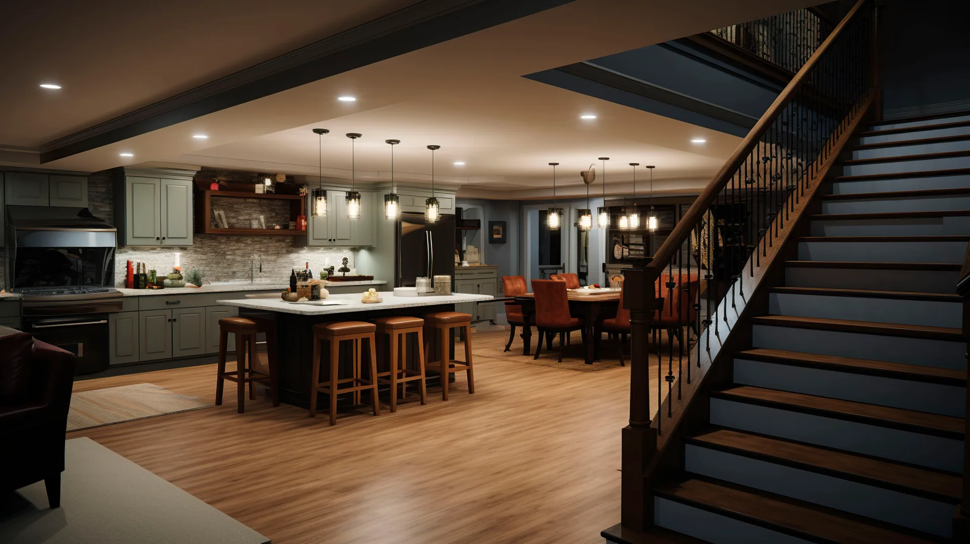 Finished basement with full kitchen, island with bar stools, dining table, pendant lights, and wood staircase
