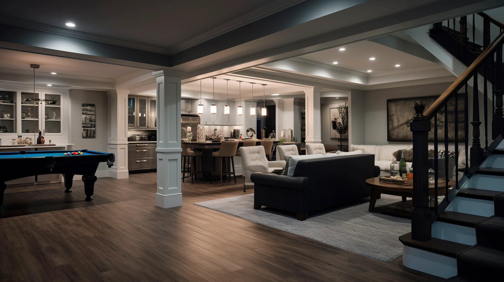 Finished basement with pool table, wet bar with pendant lights, sectional sofa, wood flooring, and open staircase
