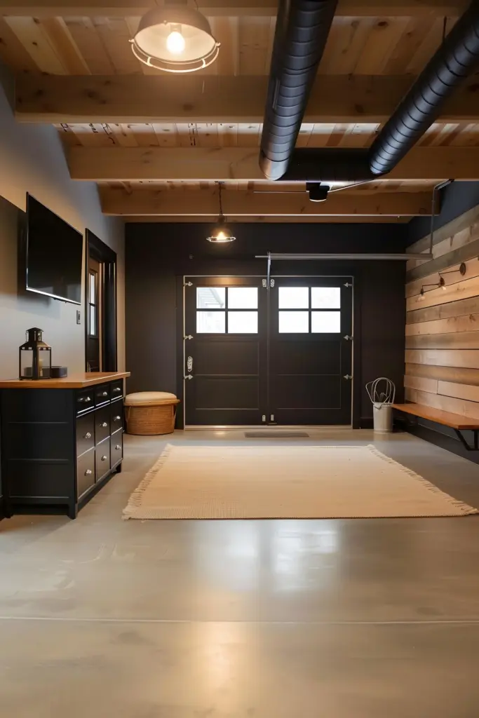 Finished garage interior with black carriage-style doors, exposed wood beam ceiling, plank accent wall, and polished concrete