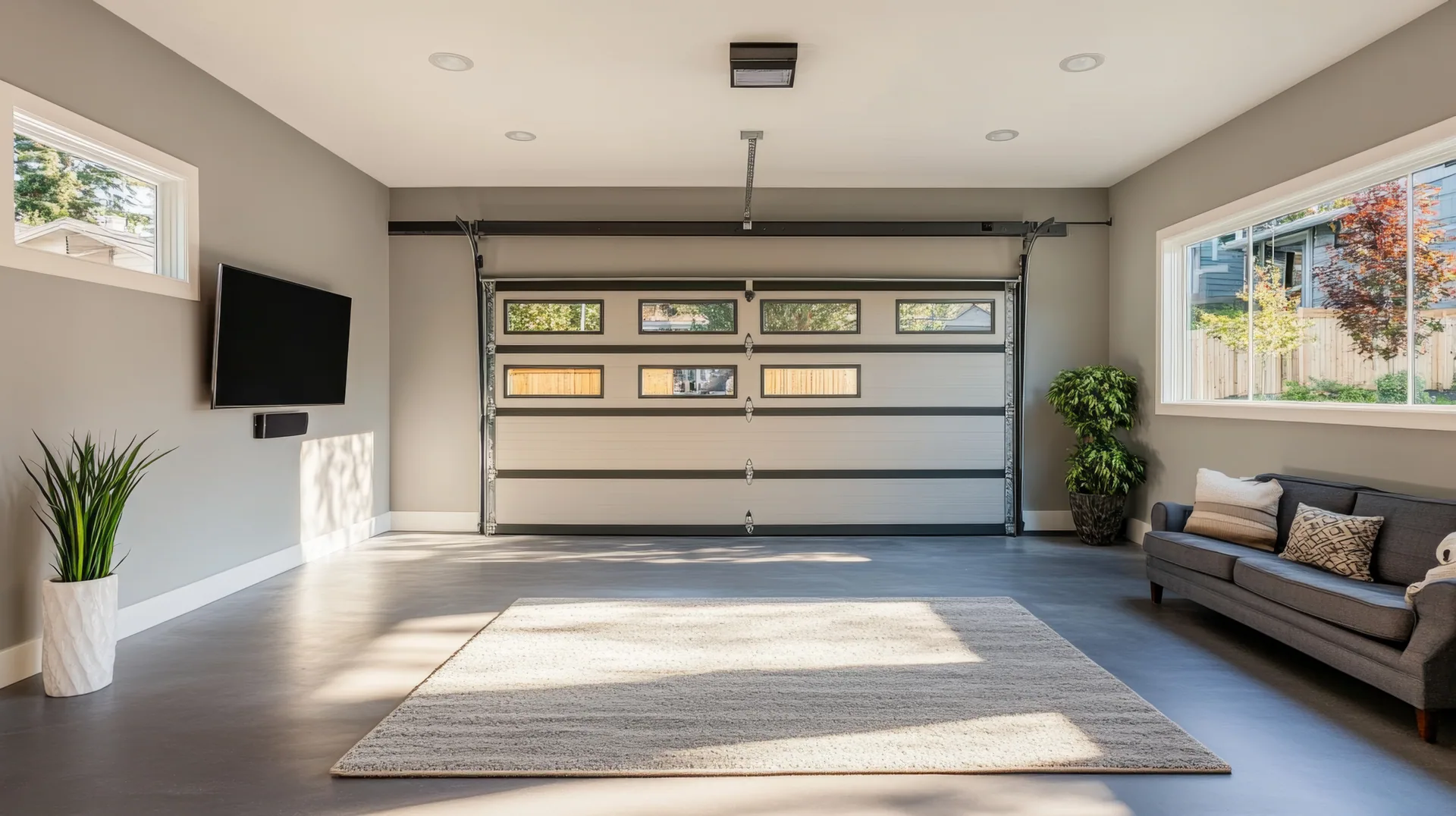Converted garage with sectional garage door, gray sofa, wall-mounted TV, area rug, plants, and polished concrete floor.