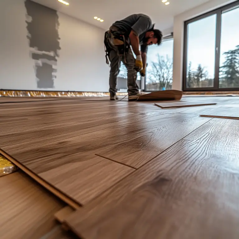 Worker in a tool belt bends to fit wood plank flooring in a bright room with large windows
