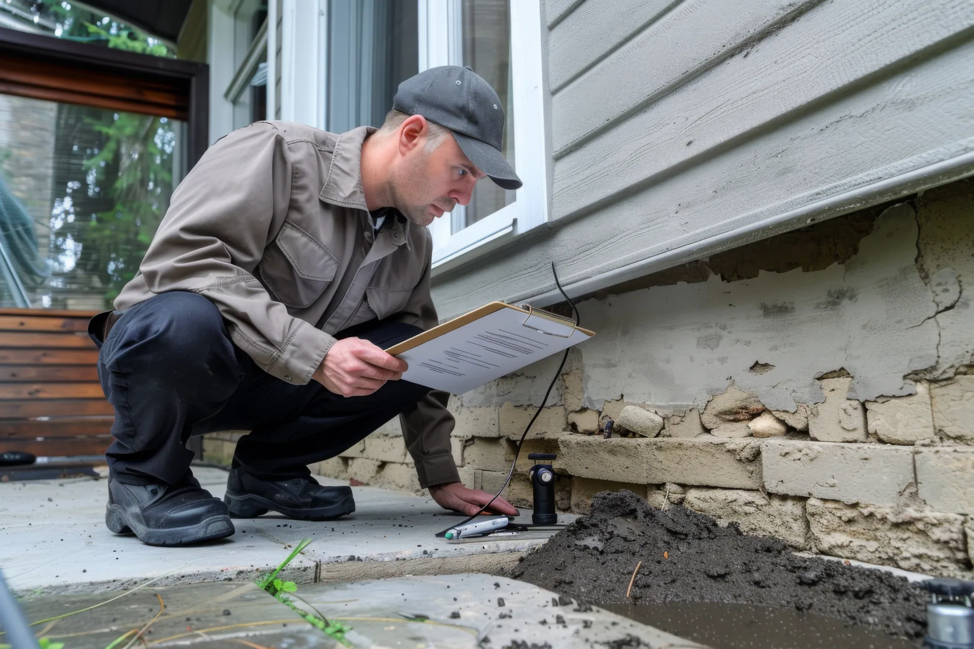 Contractor crouching beside a house, holding a clipboard while inspecting a deteriorating brick and stucco foundation wall