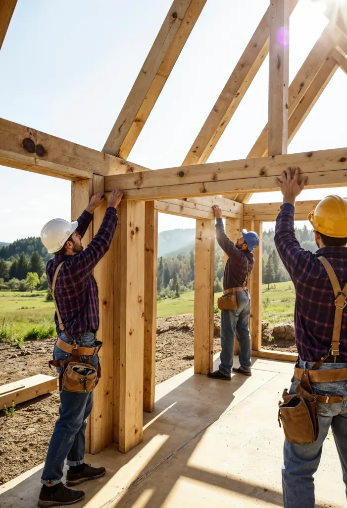 Three carpenters in hard hats and tool belts installing wooden beams on a timber frame structure at an outdoor job site.