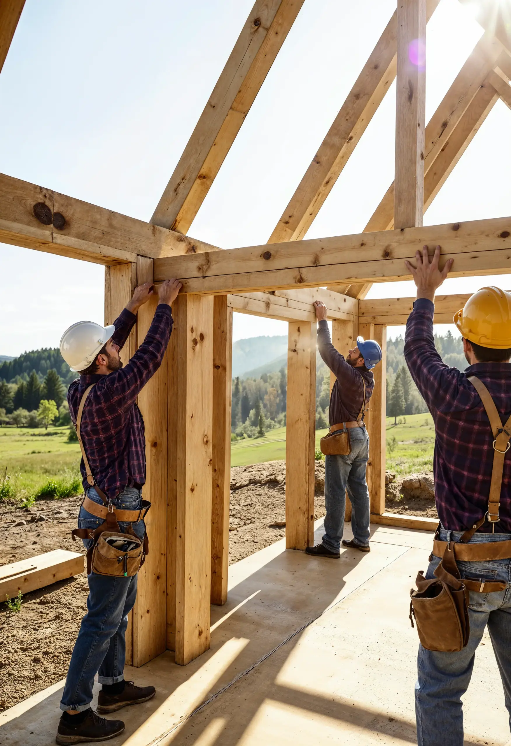 Three carpenters in hard hats and tool belts installing wooden beams on a timber frame structure at an outdoor job site.