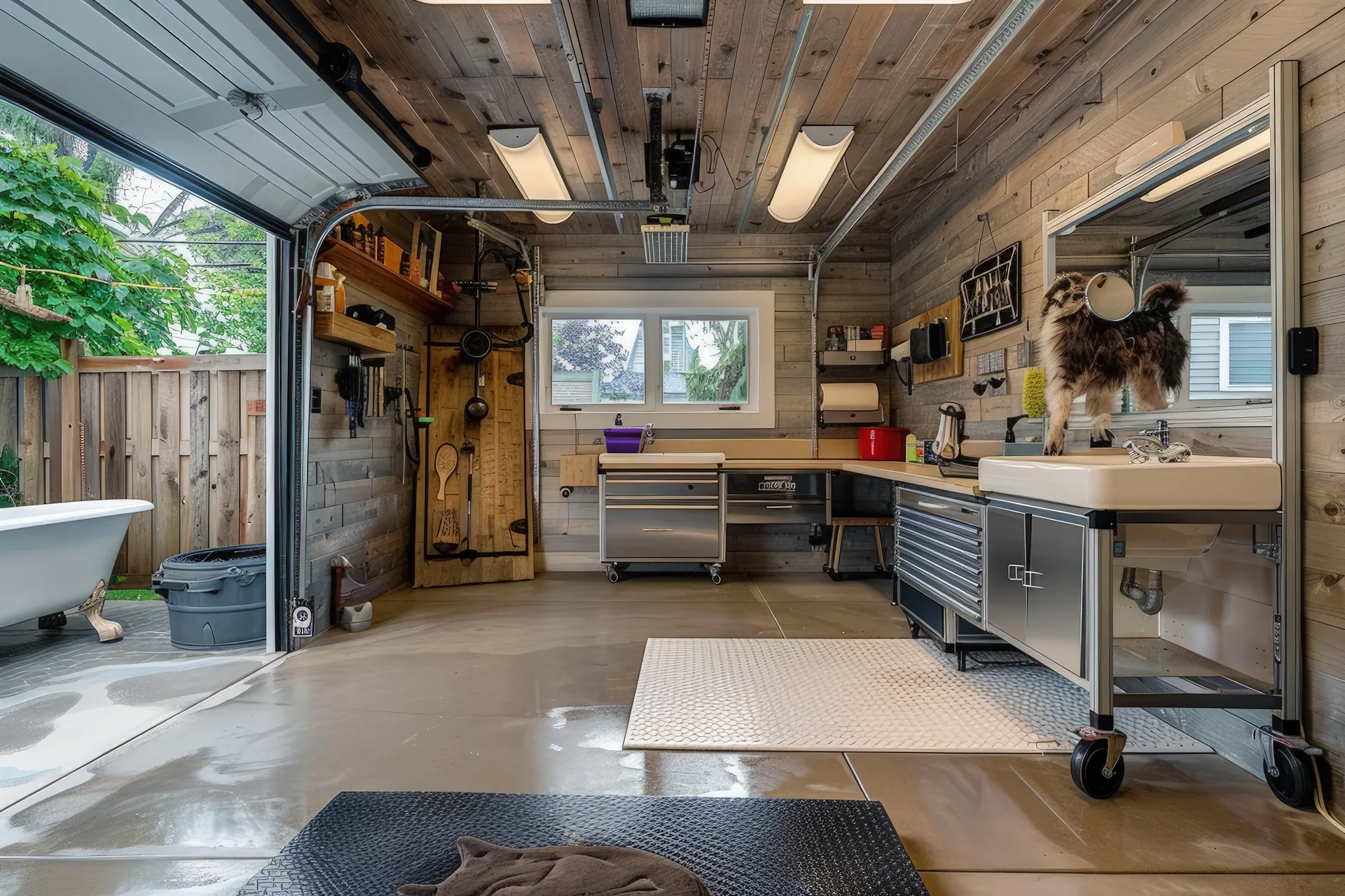 Garage converted into a pet grooming studio with wood plank walls, rolling sink station, tool cabinets, and a small dog on
