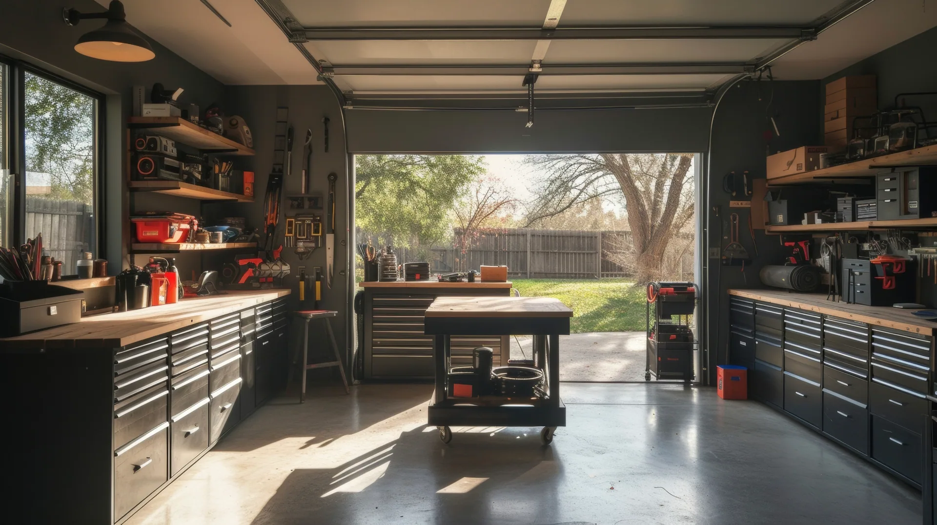 Garage workshop with open door, black tool chest drawers, wood-top workbenches, wall shelving, and a rolling work table.