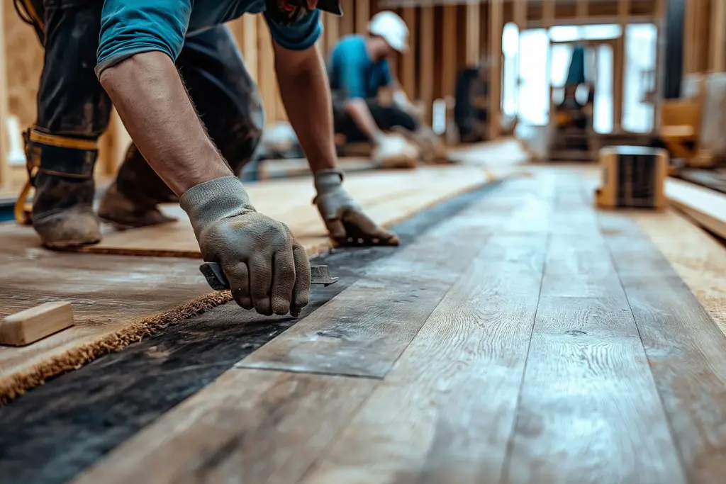 Gloved worker kneels on subfloor installing wood plank flooring while a second worker fits boards in the background.