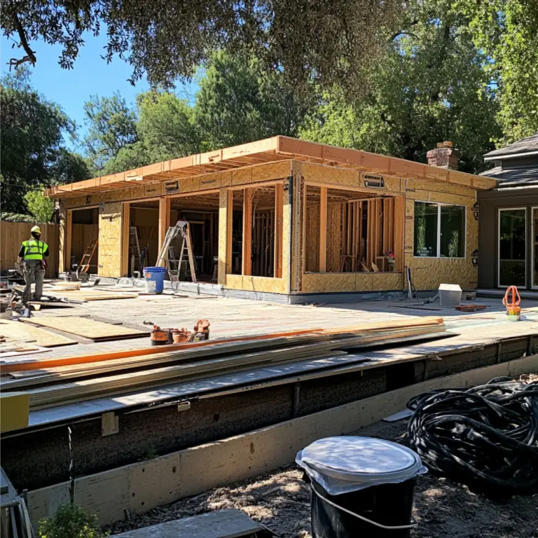 Wood-framed home addition under construction with OSB sheathing, ladders, and a worker in a safety vest on site.