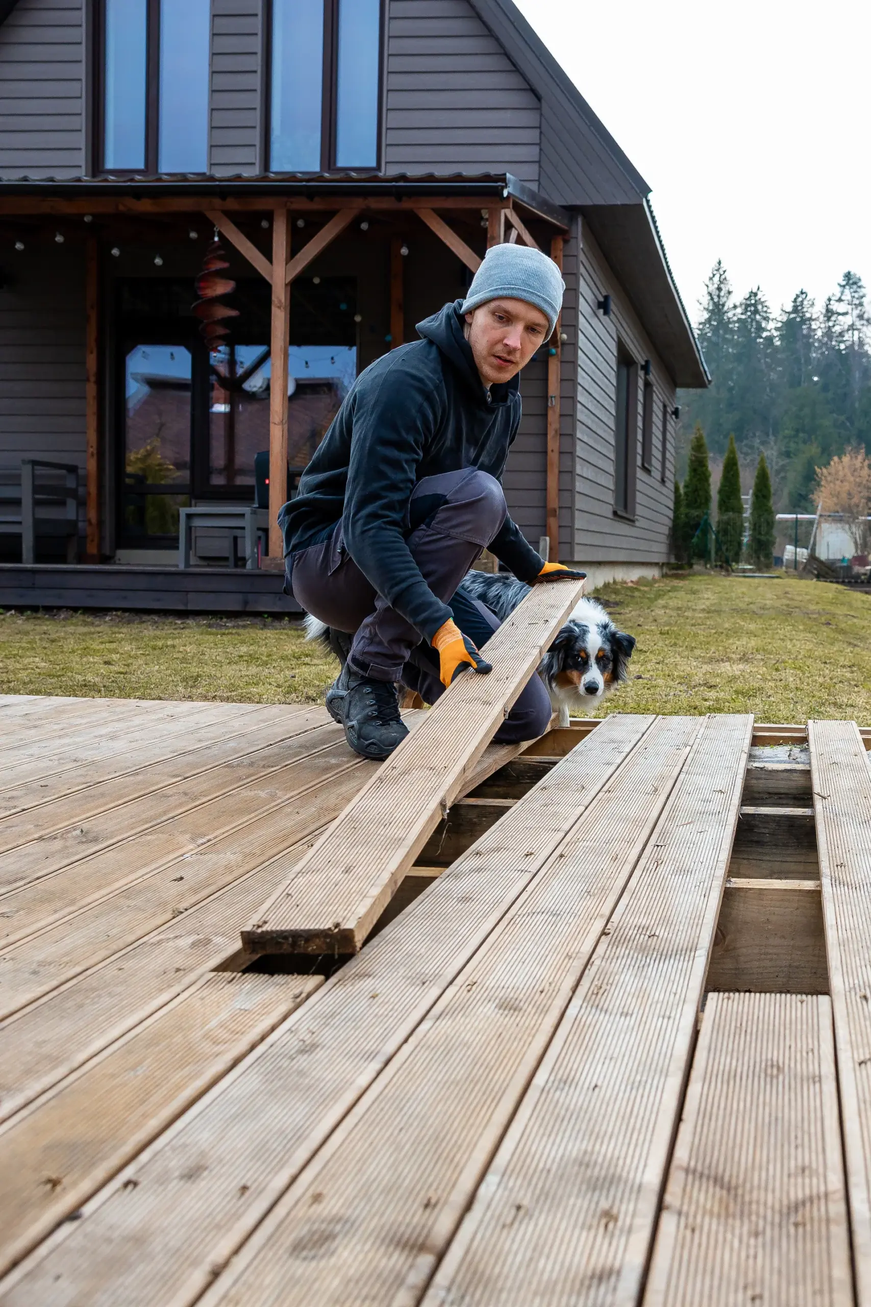 Worker in gloves and knit hat placing a wood deck board over joists behind a house, with a dog watching nearby.