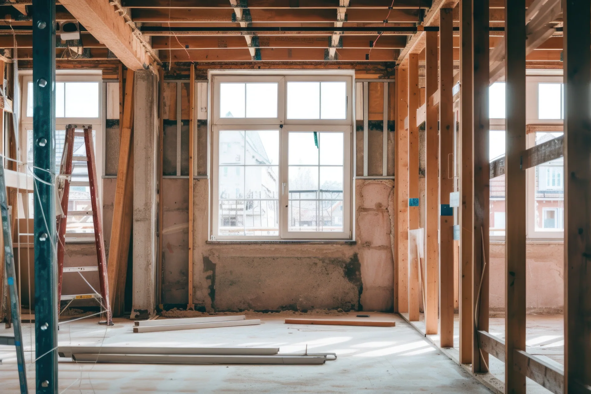Interior of a home under renovation with exposed wood stud framing, new windows, ladders, and lumber on the floor.