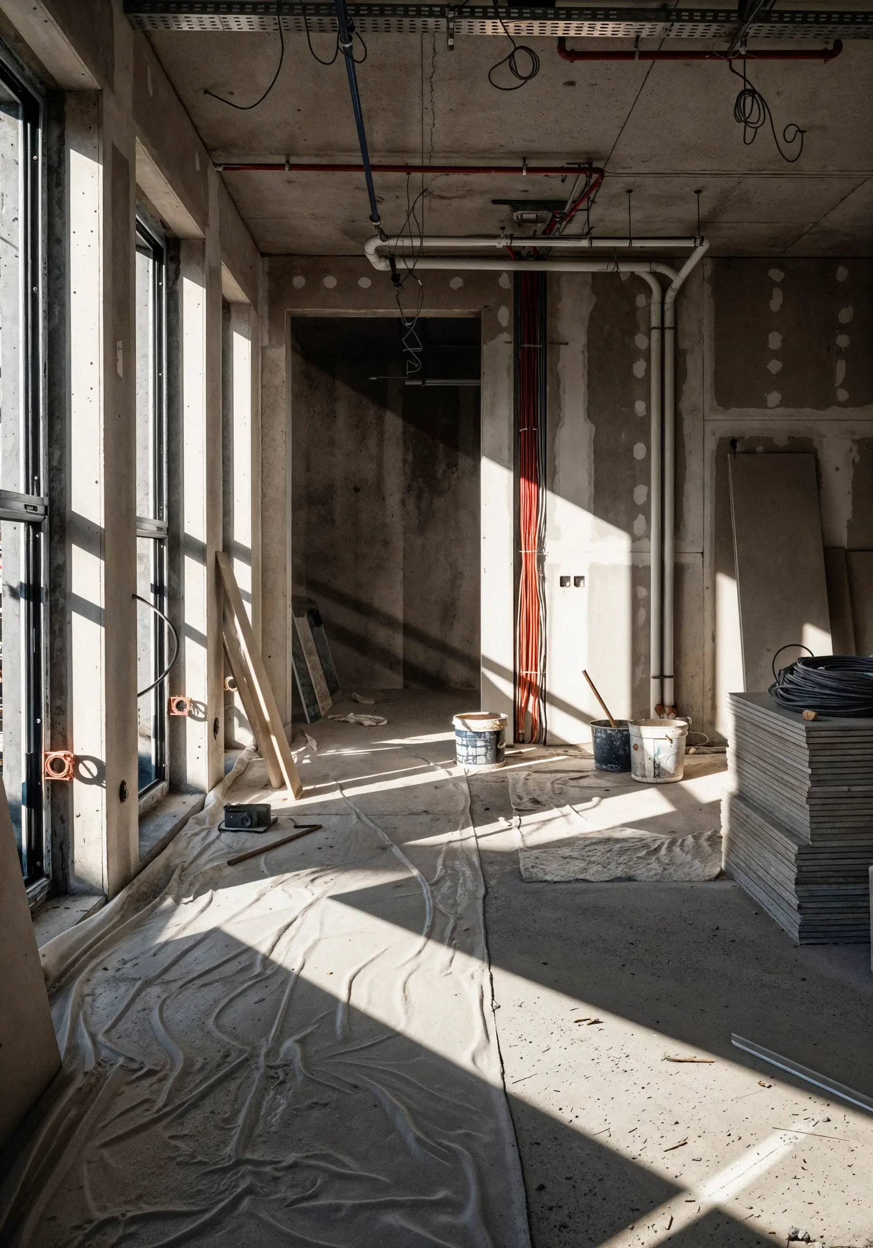 Unfinished interior room with exposed concrete walls, electrical conduits, stacked drywall, and buckets on a covered floor.