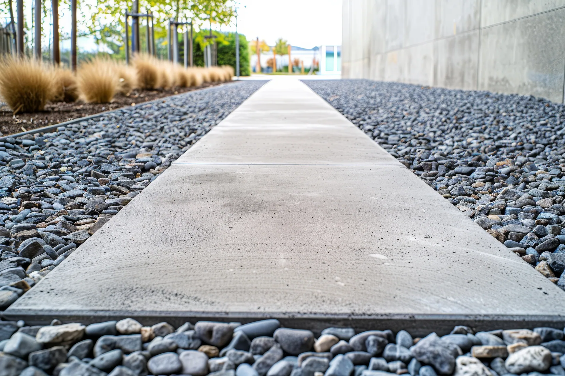 Low angle view of a poured concrete walkway bordered by river rock gravel and ornamental grasses beside a wall.