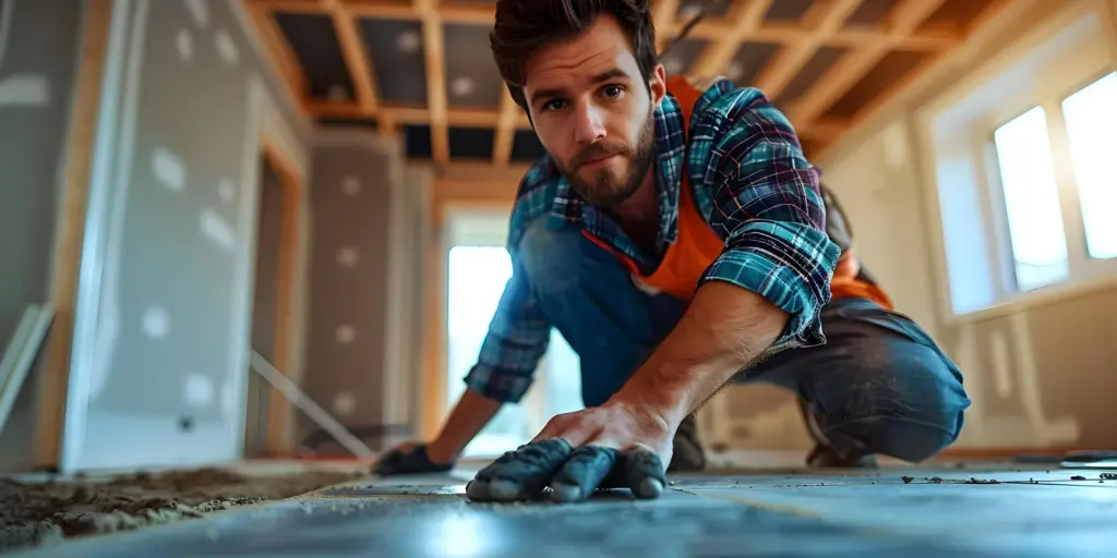 Gloved contractor kneeling on an unfinished subfloor in a room with exposed ceiling framing, viewed from floor level