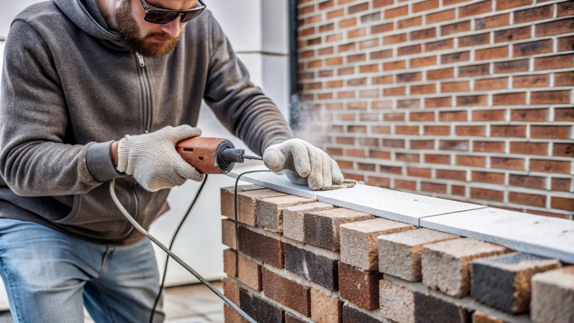 Worker in gloves and hoodie uses a power tool to install a stone cap on a brick wall near a brick building.