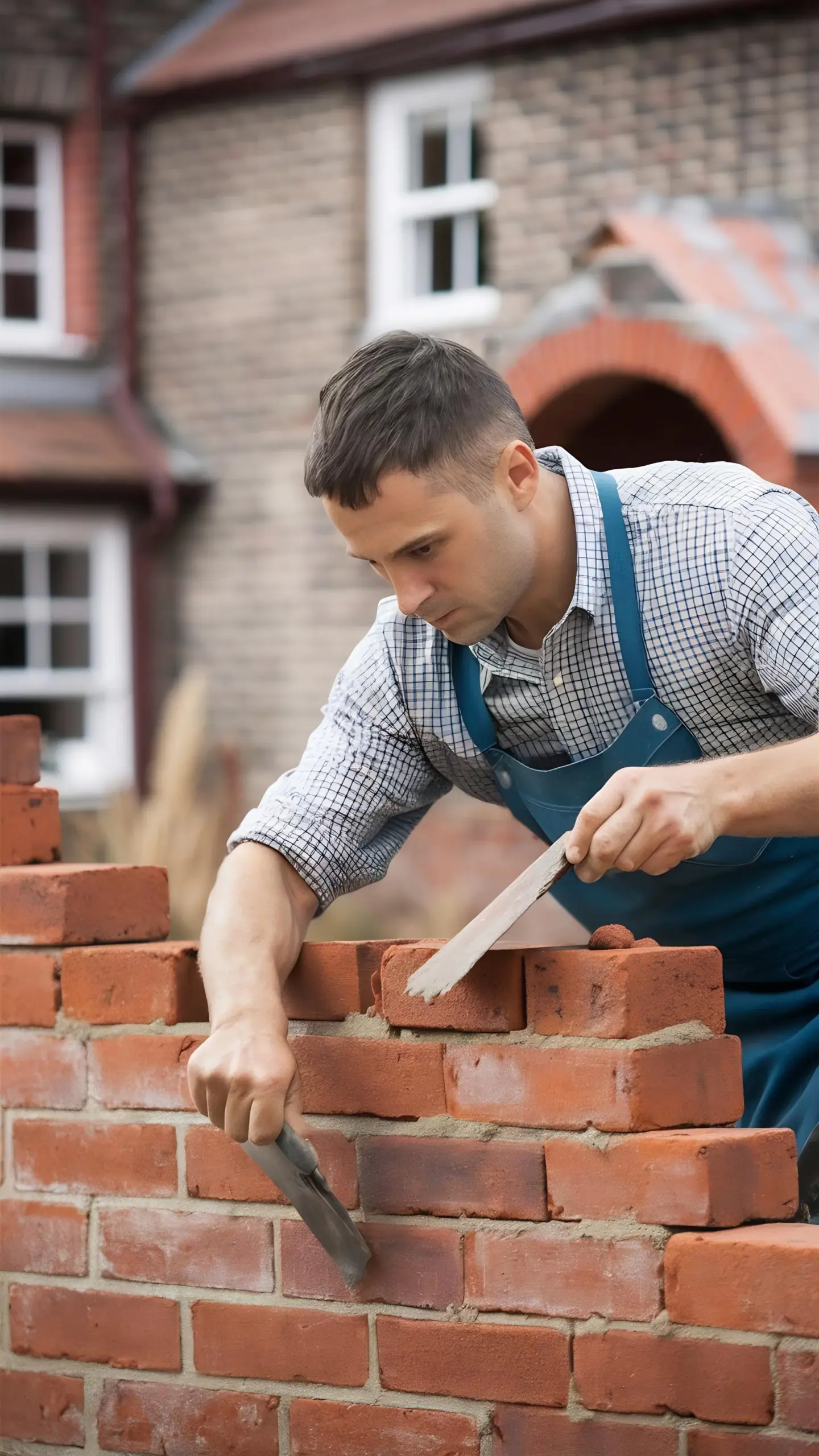 Mason in a blue apron laying bricks on a wall with a trowel in front of a brick house