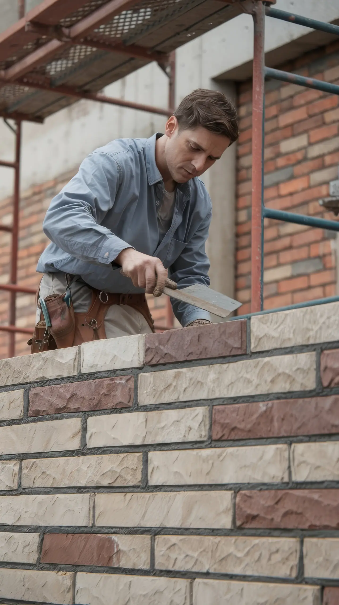 Mason with a trowel and tool belt laying textured stone veneer blocks on a wall beside scaffolding.