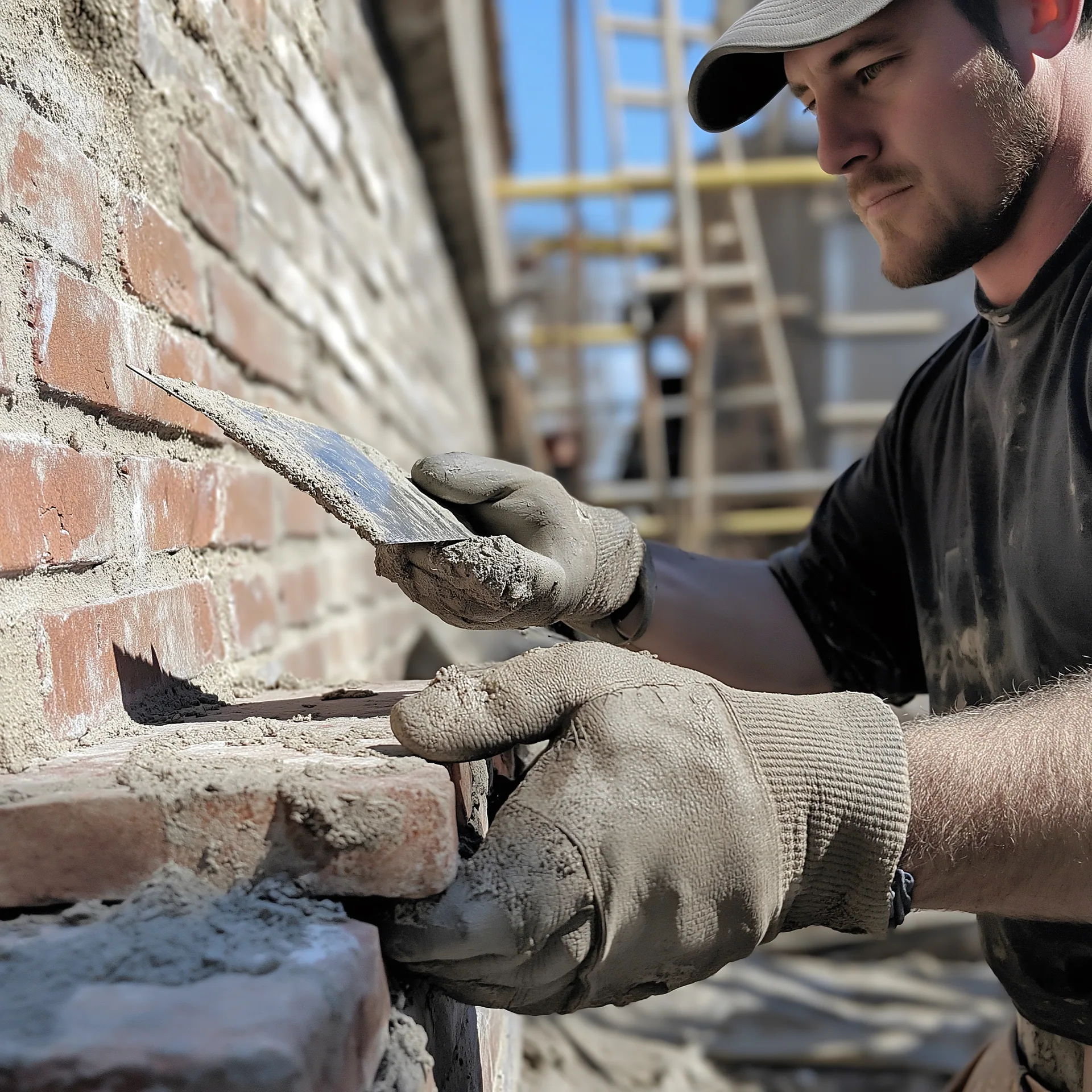 Gloved mason holding a trowel of mortar while repointing joints on an aged brick wall, scaffolding in the background.
