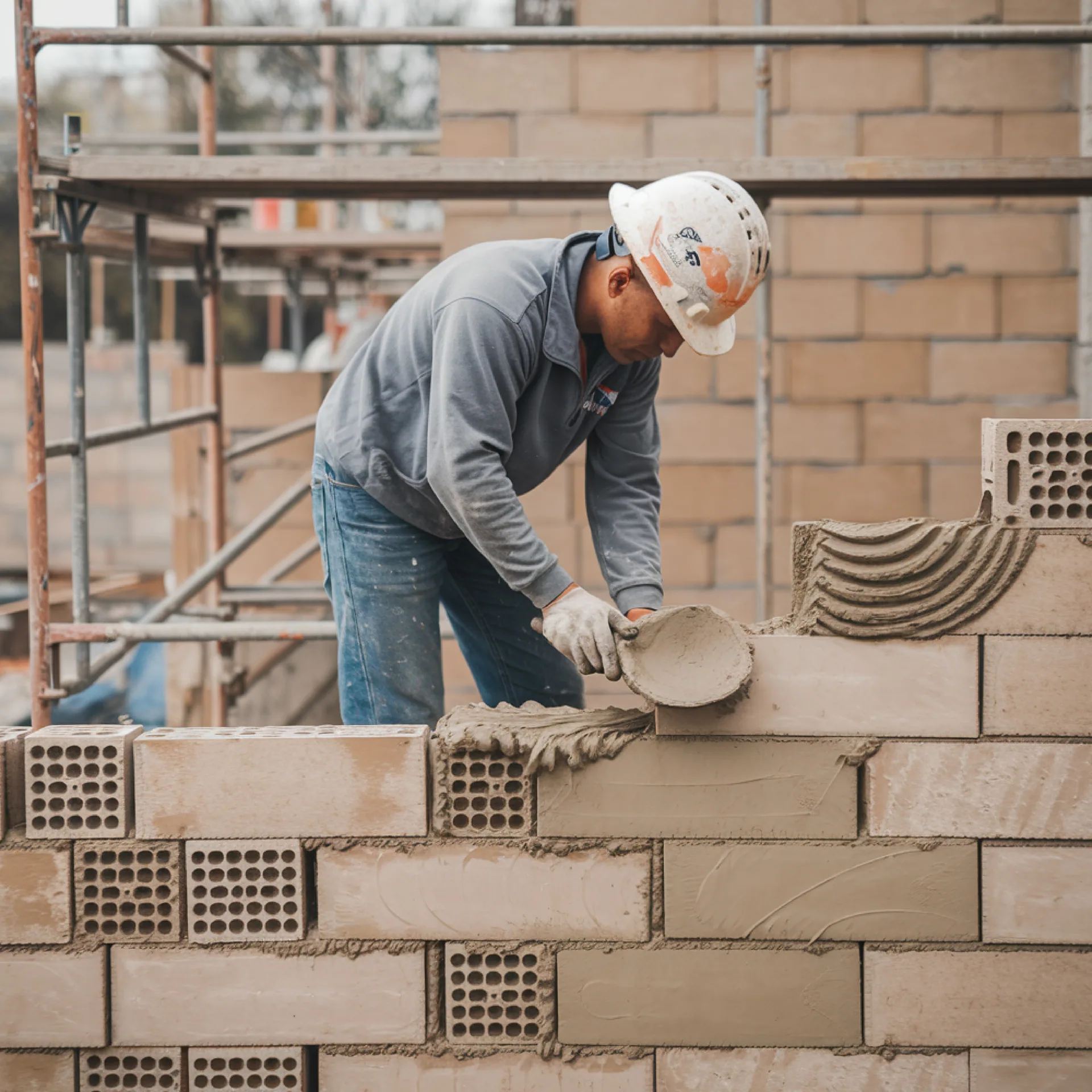 Mason in hard hat spreading mortar on a concrete block wall beside scaffolding at a construction site.