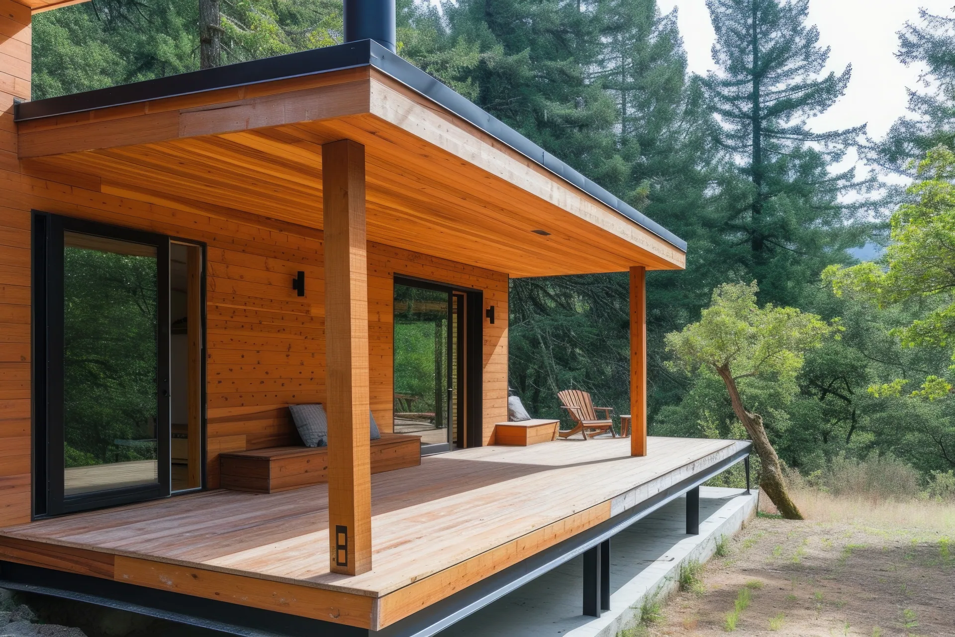 Modern cedar-clad home with a covered wood porch, black steel supports, sliding glass doors, and outdoor seating in a wooded