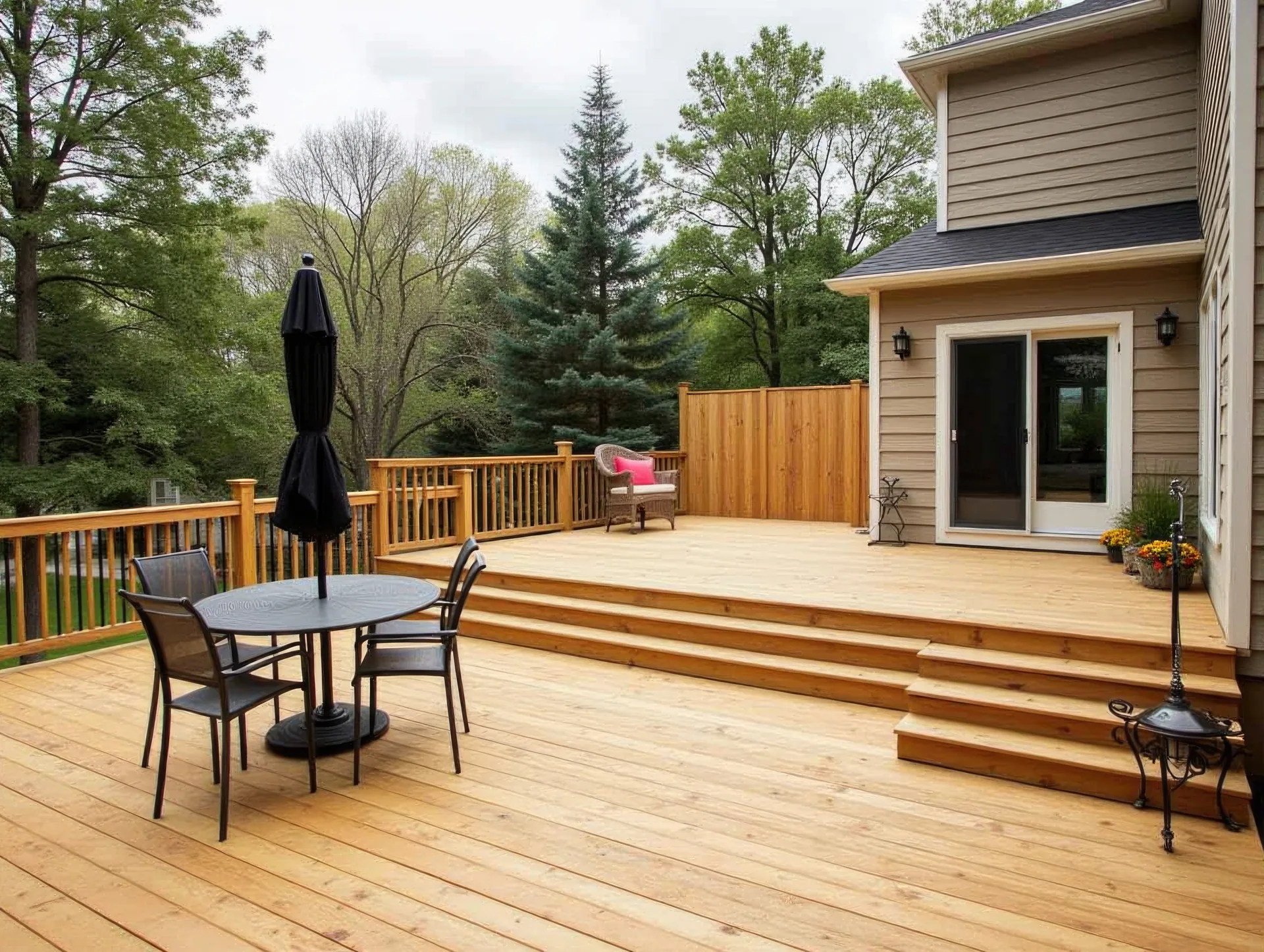 Two-tier wood deck with wide steps, railing, privacy fence, patio table with umbrella, and sliding doors on a tan house.
