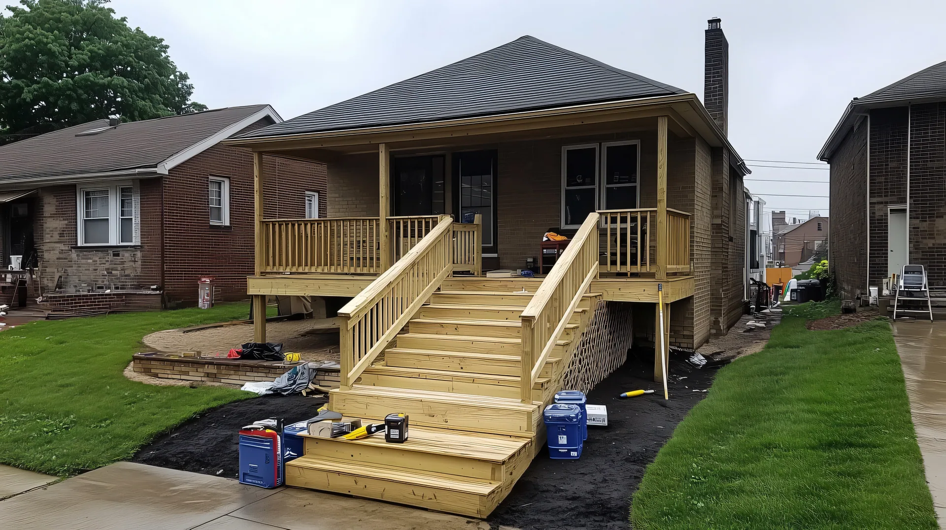 New pressure-treated wood porch stairs and railings on a brick house, with tools and materials on the ground during