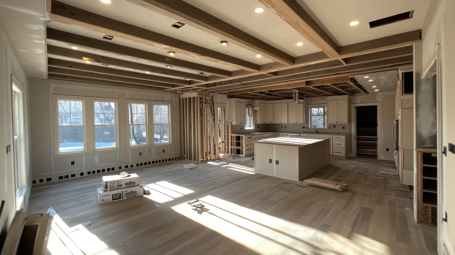Open living space under renovation with exposed ceiling beams, kitchen island, cabinets, and new hardwood flooring
