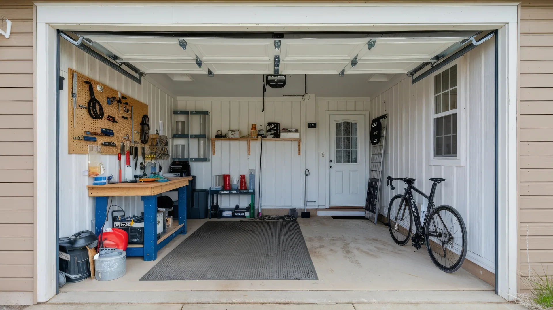 Open garage with pegboard tool wall, blue workbench, floor mat, side door, and a road bike parked inside.