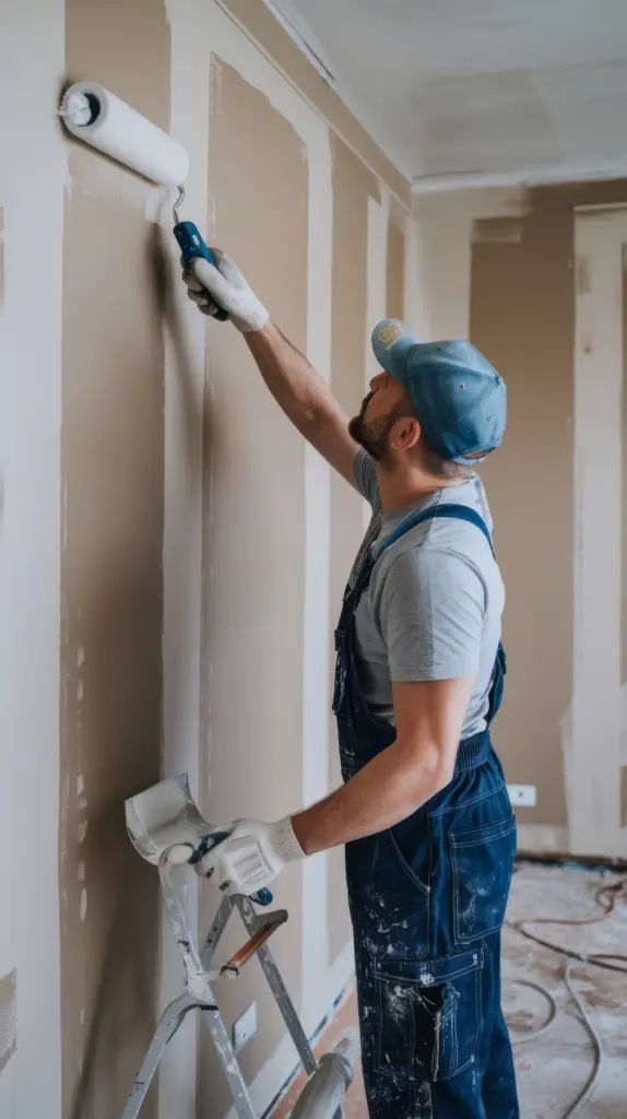 Painter in overalls and cap using a roller to apply primer to new drywall with taped seams inside a home.