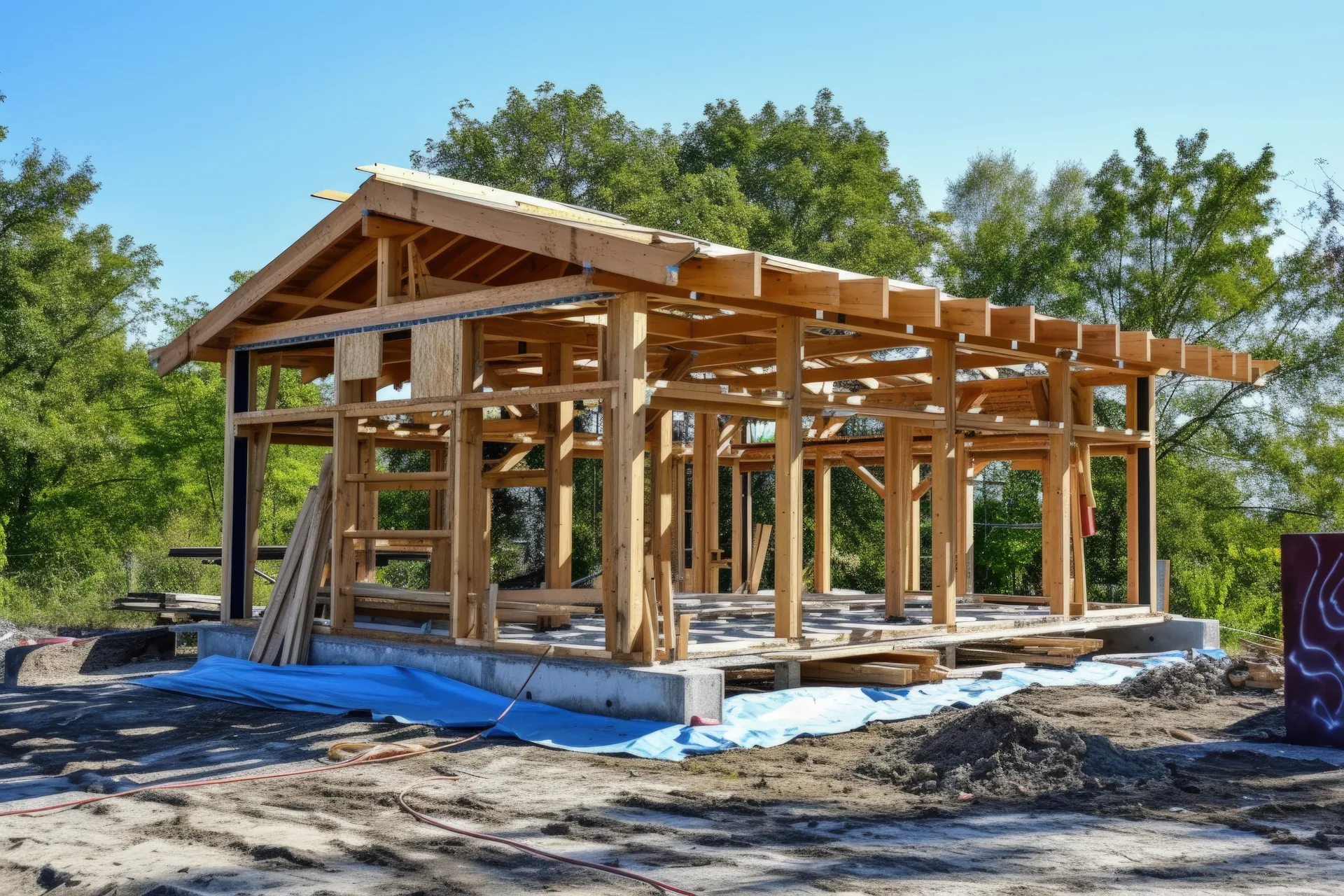 Wood post and beam structure with roof framing complete on a concrete slab foundation at a construction site.